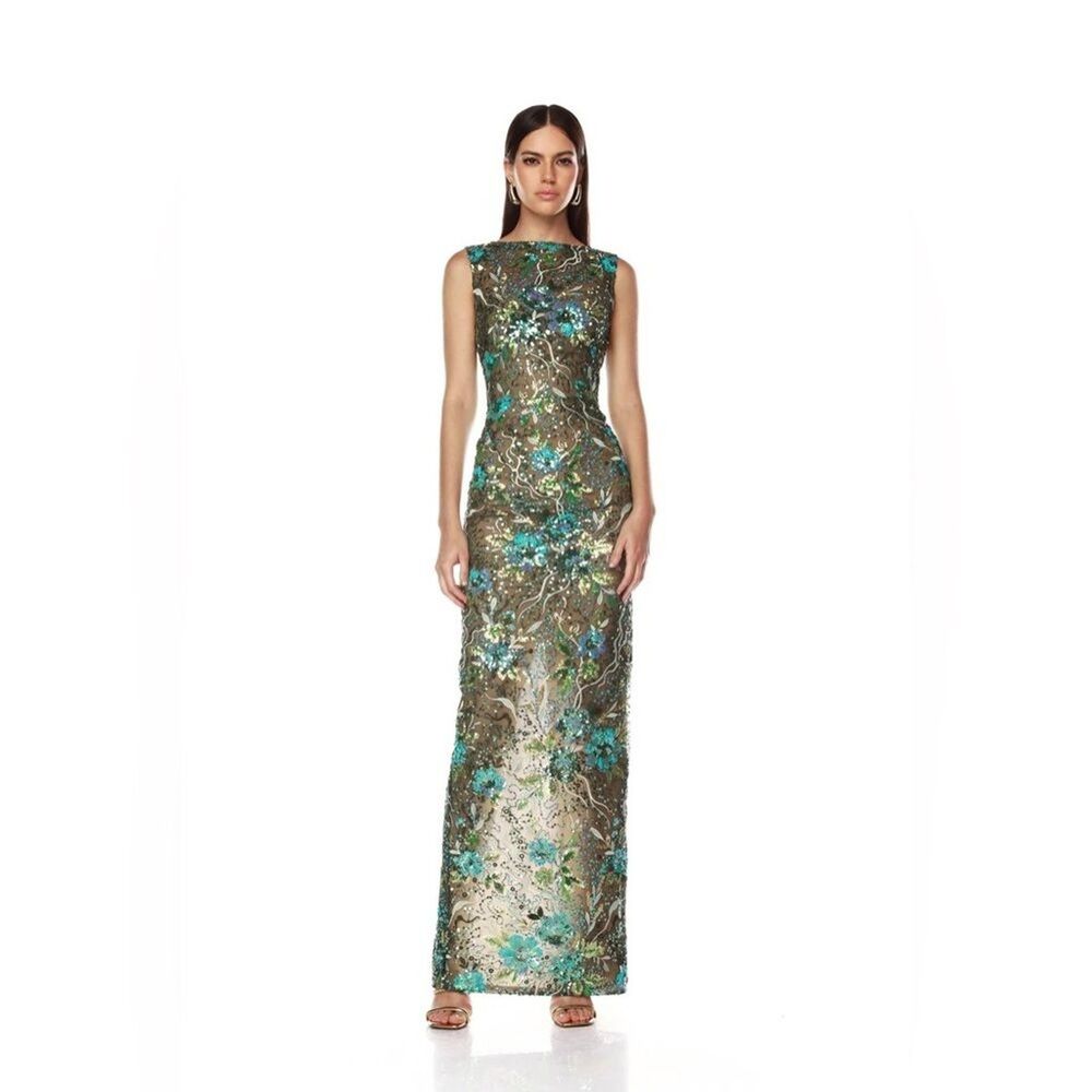 NWOT BRONX AND BANCO Violet Teal Maxi Dress, Elegant Green Floral Sequin Gown